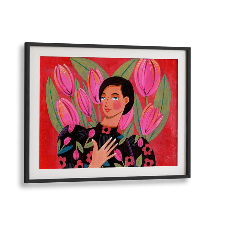 Abstract Modern Portrait Woman With Tulips By Caroline Bonne Muller Women Paintings in Black Frame With Mount