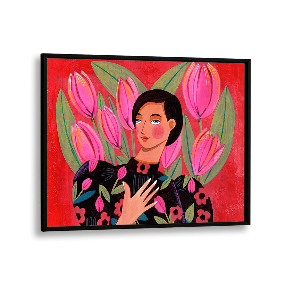 Abstract Modern Portrait Woman With Tulips By Caroline Bonne Muller Women Paintings in Black Plain Frame