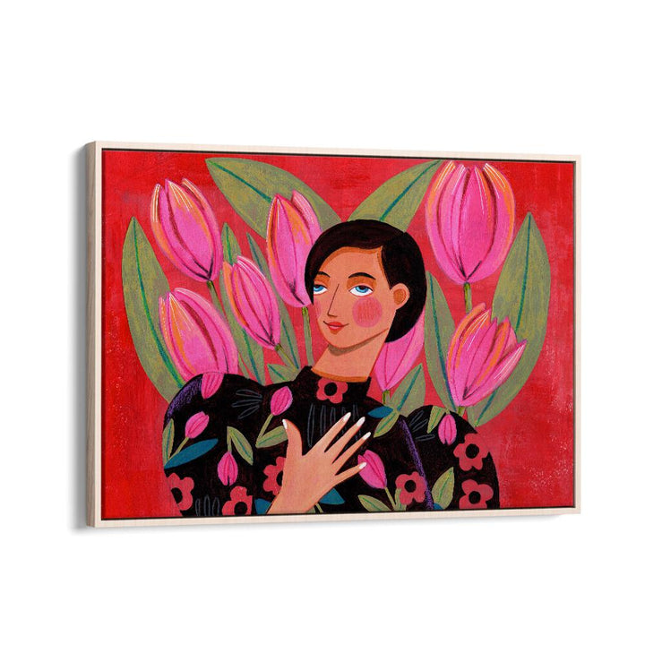 Abstract Modern Portrait Woman With Tulips By Caroline Bonne Muller Women Paintings in Oak Wood Floater Frame