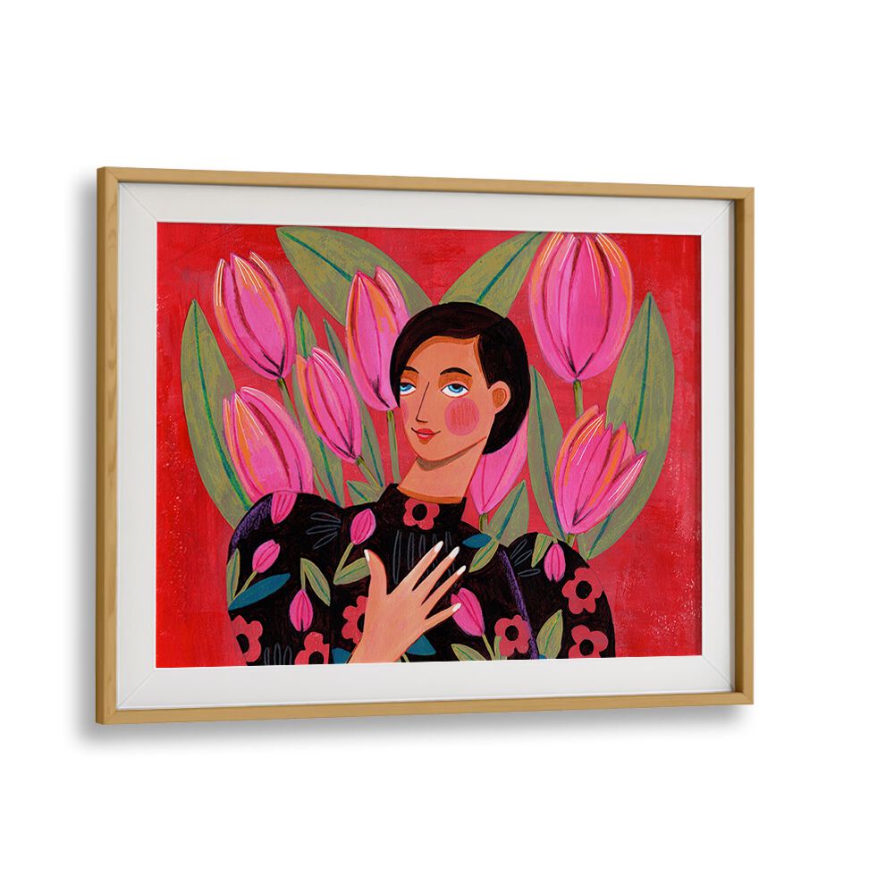 Abstract Modern Portrait Woman With Tulips By Caroline Bonne Muller Women Paintings in Oak Wood Frame With Mount