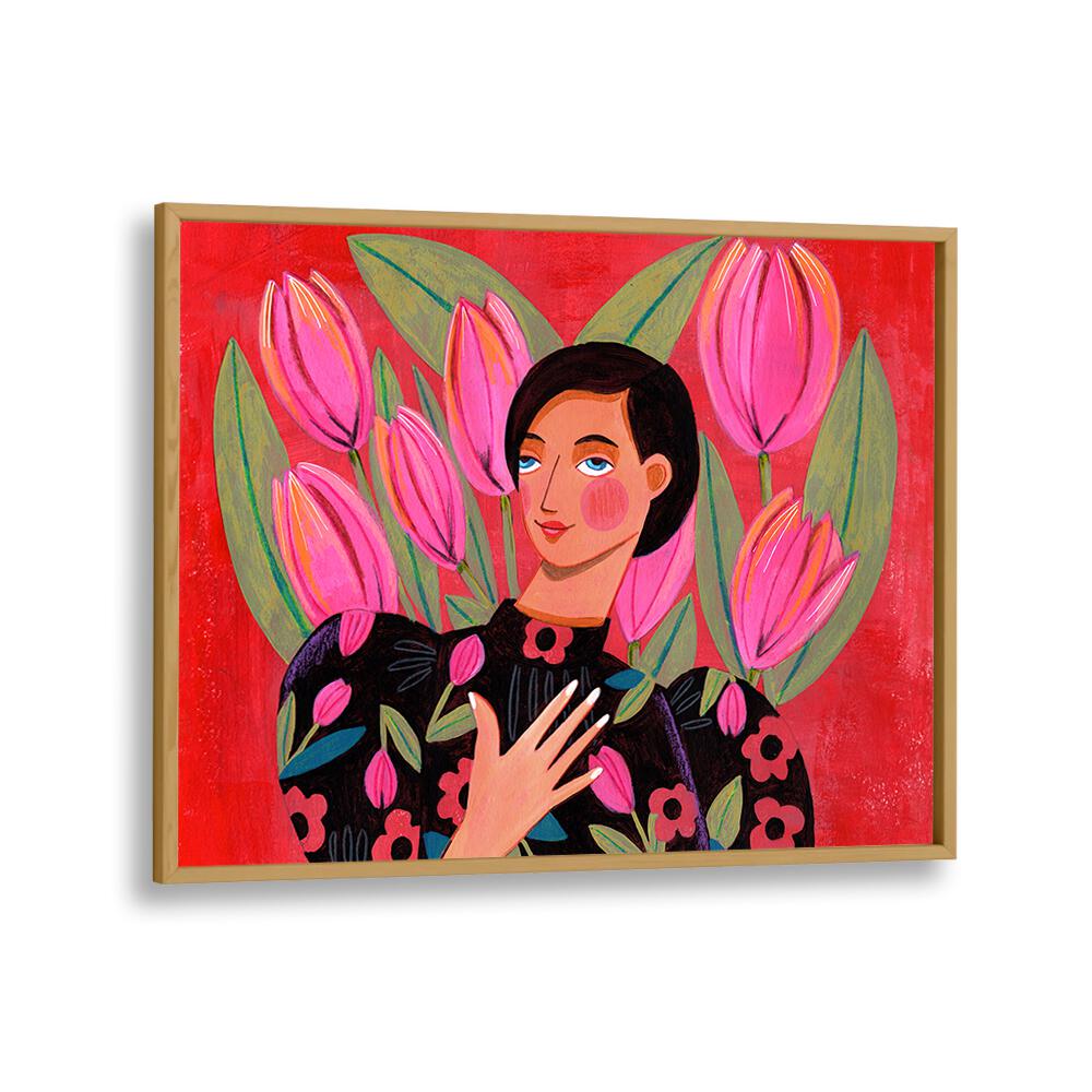 Abstract Modern Portrait Woman With Tulips By Caroline Bonne Muller Women Paintings in Oak Wood Plain Frame