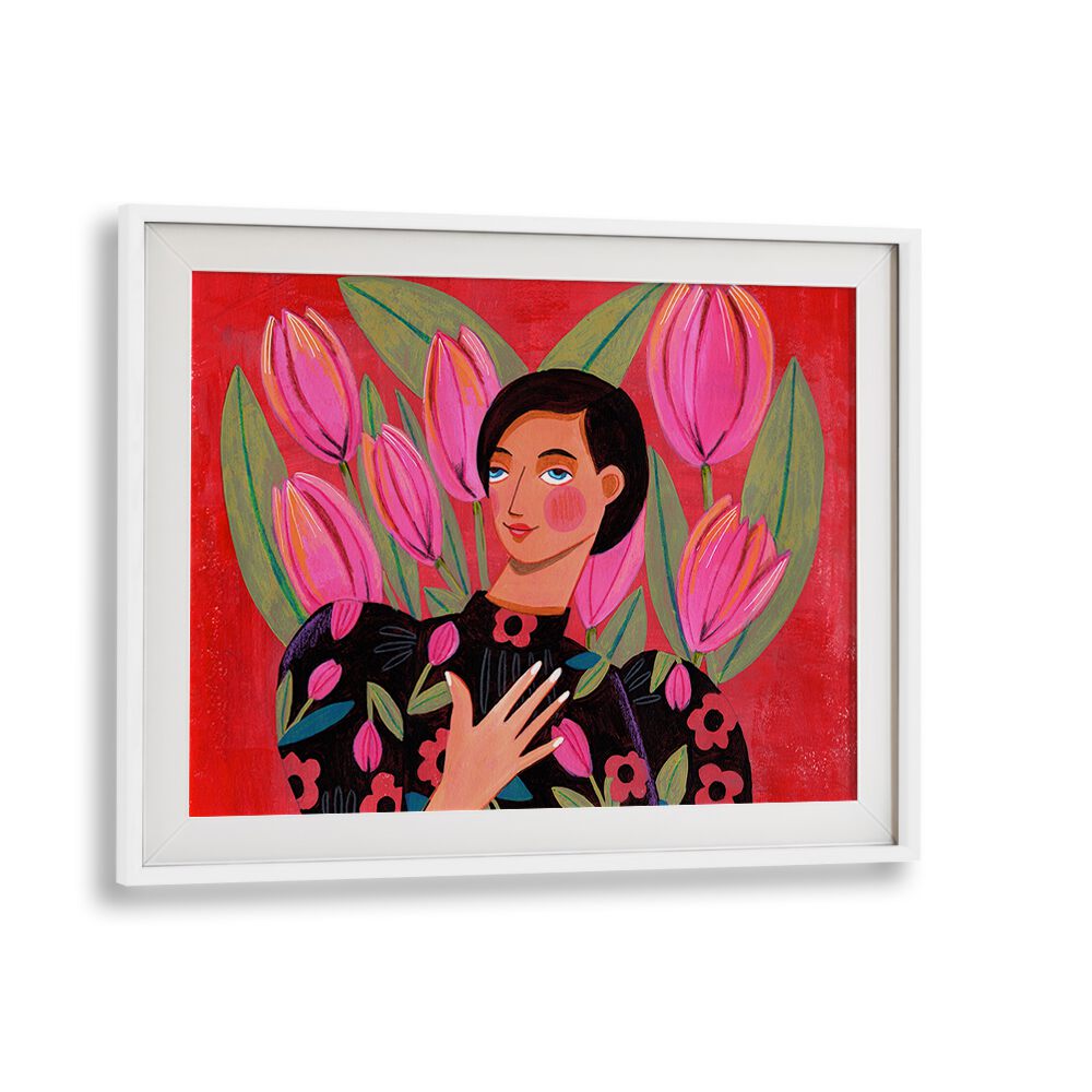 Abstract Modern Portrait Woman With Tulips By Caroline Bonne Muller Women Paintings in White Frame With Mount