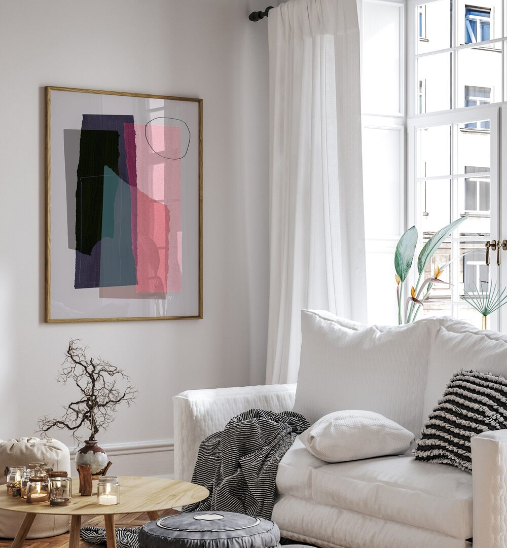 Abstract Pieces In Line By Mareike Bohmer Abstract Art Abstract Paintings in Oak Wood Plain Frame placed on a White Colored Wall near a White Sofa in the Living Room