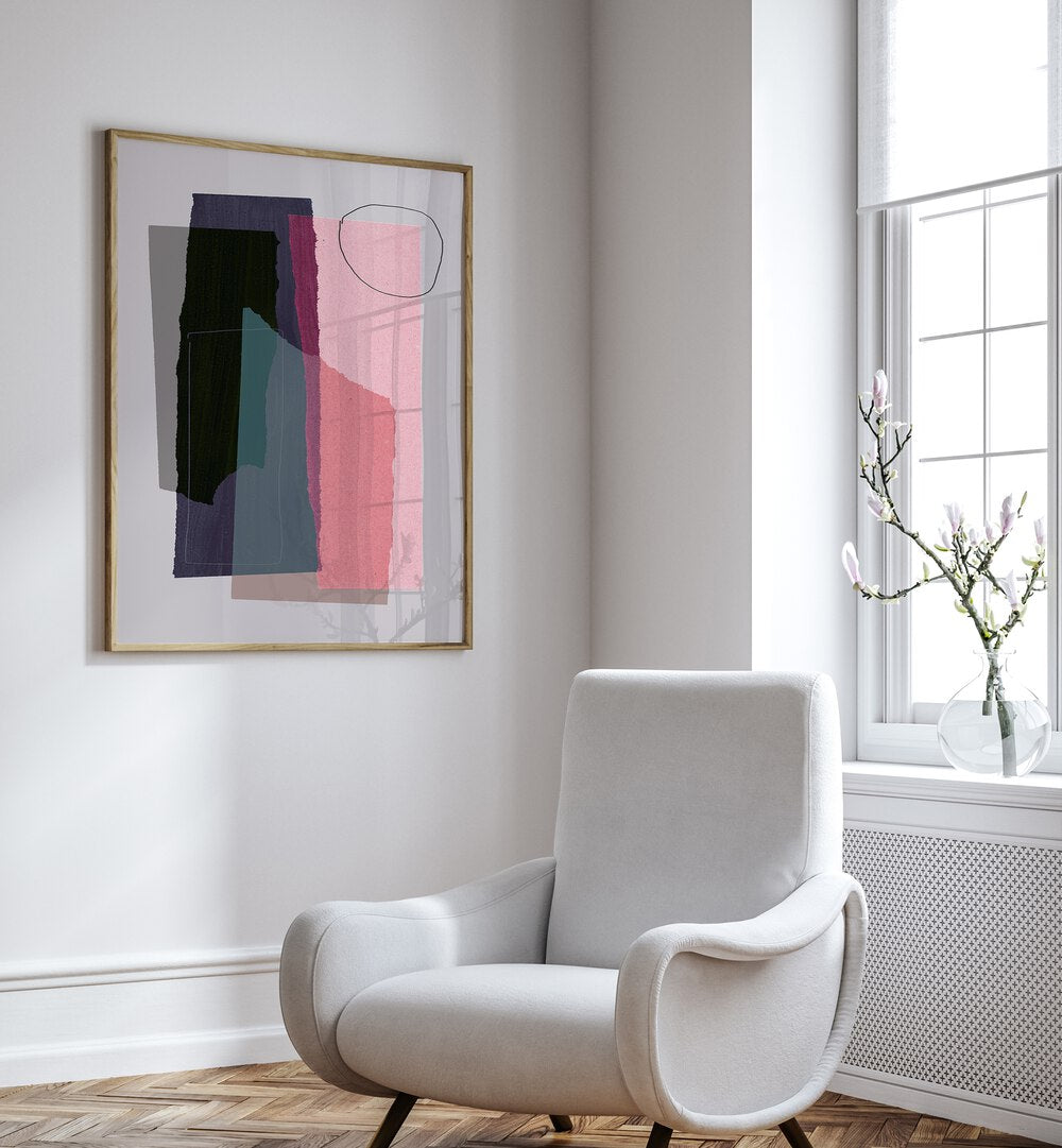 Abstract Pieces In Line By Mareike Bohmer Abstract Art Abstract Paintings in Oak Wood Plain Frame placed on a White Colored Wall in the Drawing Room