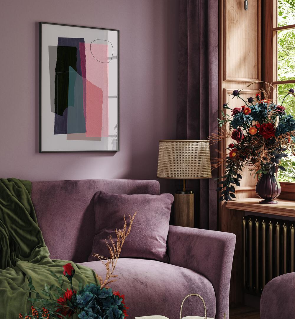 Abstract Pieces In Line By Mareike Bohmer Abstract Art Abstract Paintings in Black Plain Frame placed on a Purple Colored Wall near a Purple Sofa in the Living Room