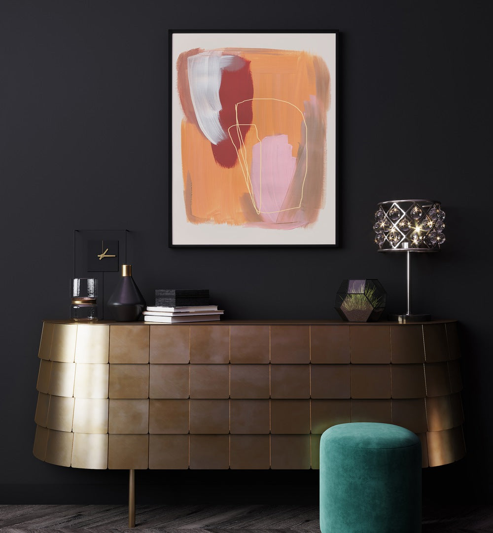 Abstract Radiant Brush Strokes By Mareike Bohmer Abstract Art Abstract Paintings in Black Plain Frame placed on a Dark Grey Colored Wall above a Console Table in the Living Room