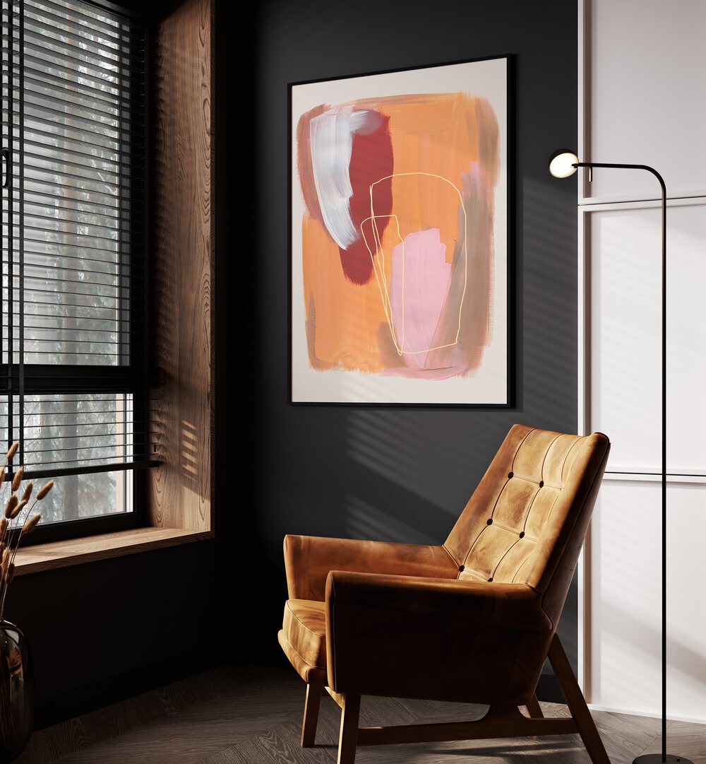 Abstract Radiant Brush Strokes By Mareike Bohmer Abstract Art Abstract Paintings in Black Plain Frame placed on a Dark Grey Colored Wall in the Drawing Room