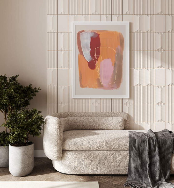 Abstract Radiant Brush Strokes By Mareike Bohmer Abstract Art Abstract Paintings in White Frame With Mount placed on a Beige Colored Tiled Wall near a Beige Sofa  in the Living Room