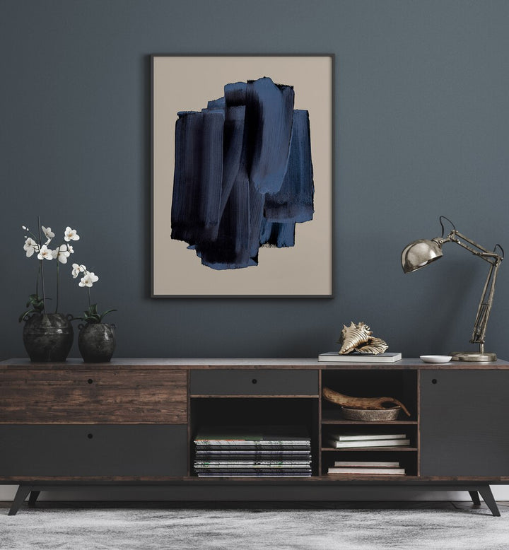 Abstract Shadowed Brush Strokes By Mareike Bohmer Abstract Art Abstract Paintings in Black Plain Frame placed on a Dark Grey Colored Wall above a Console Table in the Living Room