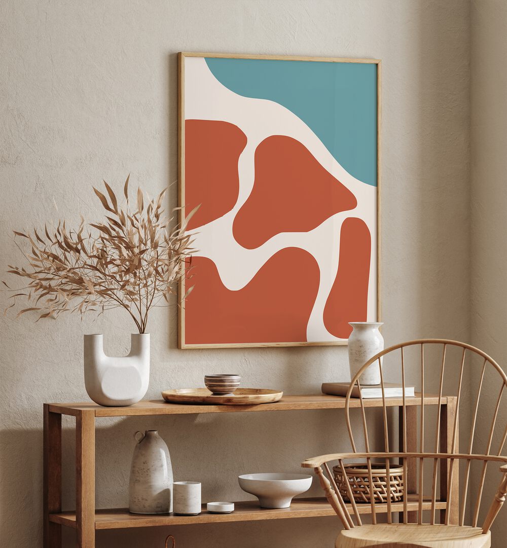 Abstract Steak By Little Dean Abstract Art Abstract Paintings in Oak Wood Plain Frame placed on a Beige Colored Wall above a Shelf in the Kitchen