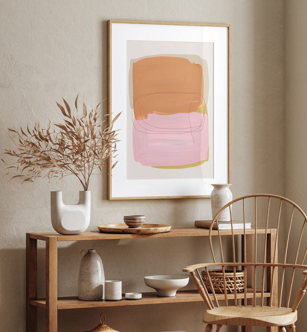 Abstract Sunburst Brush Strokes By Mareike Bohmer Abstract Art Abstract Paintings in Oak Wood Frame With Mount placed on a Beige Colored Wall above a Kitchen Shelf in the Kitchen