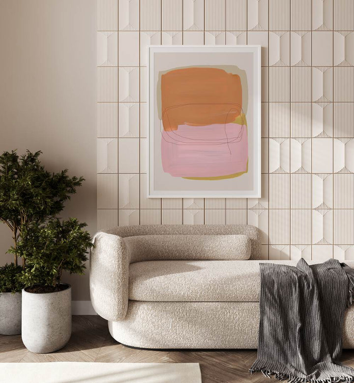 Abstract Sunburst Brush Strokes By Mareike Bohmer Abstract Art Abstract Paintings in Oak Wood Frame With Mount placed on a Beige Colored Tiled Wall near a Beige Sofa in the Living Room