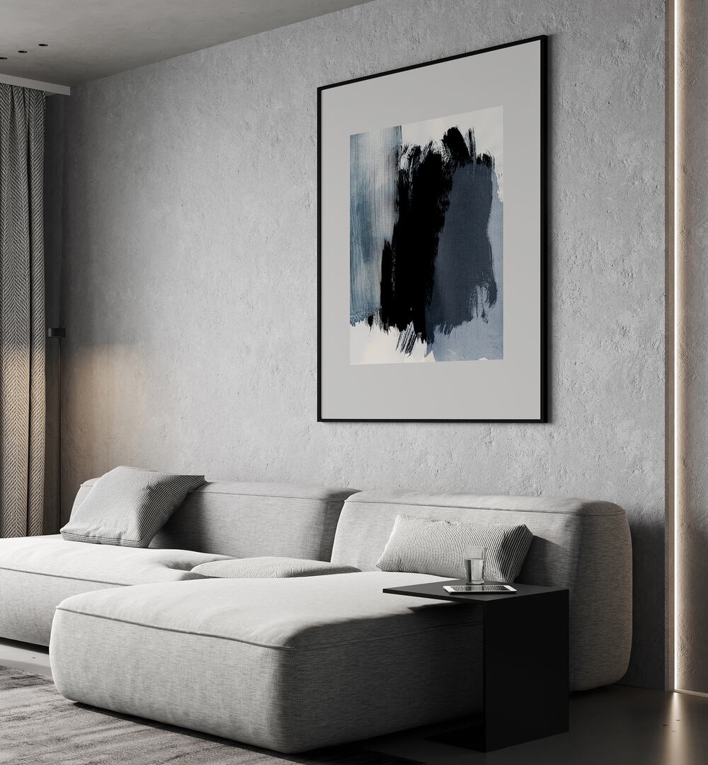 Abstract Symphony In Grey Brush Strokes By Mareike Bohmer Abstract Art Abstract Paintings in Black Plain Frame placed on a Grey Colored Wall near a Grey Sofa in the Living Room