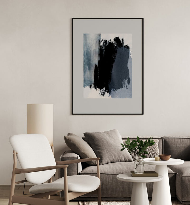 Abstract Symphony In Grey Brush Strokes By Mareike Bohmer Abstract Art Abstract Paintings in Black Plain Frame placed on a Cream Colored Wall near a Grey Sofa in the Living Room