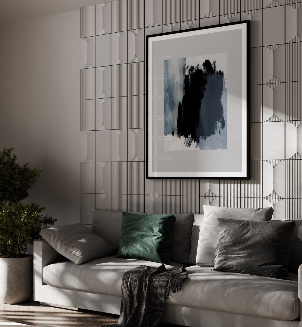 Abstract Symphony In Grey Brush Strokes By Mareike Bohmer Abstract Art Abstract Paintings in Black Frame With Mount placed on a Beige Colored  Tiled Wall near a Grey Sofa in the Living Room