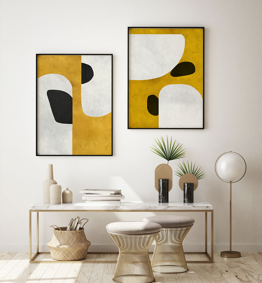 Modern interior with abstract art, a console table, and decorative items.