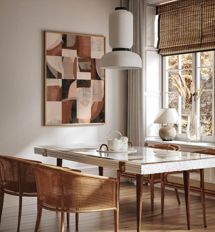 Stylish dining area featuring ABSTRACT NO I, GEOMETRIC ART PRINTS, adding a modern touch to home decor.