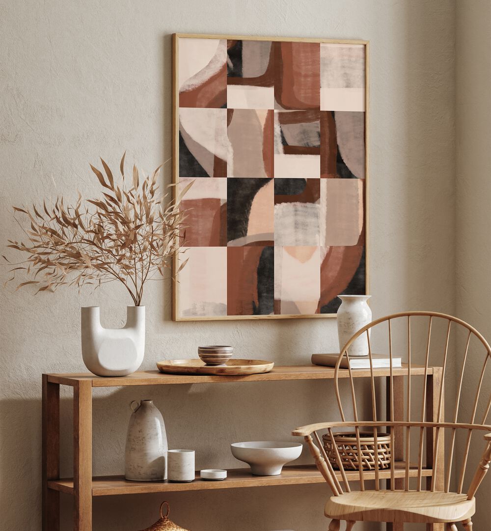 Stunning ABSTRACT NO I, GEOMETRIC ART PRINTS displayed in a modern living space, enhancing home decor elegantly.