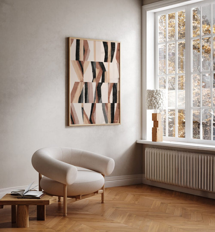 Stylish room featuring ABSTRACT NO II, GEOMETRIC ART PRINTS, enhancing modern decor with bold patterns and colors.