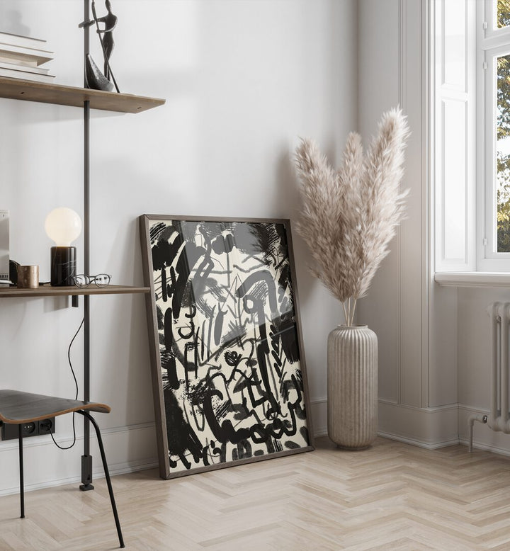 Abstraction With Inks By Little Dean Abstract Art Abstract Paintings in Dark Wood Plain Frame placed on the floor near a White Colored Wall in the Drawing Room