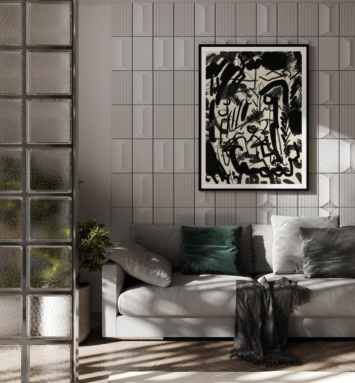 Abstraction With Inks By Little Dean Abstract Art Abstract Paintings in Black Frame With Mount placed on a Beige Colored  Textured Wall near a Grey Sofa in the Living Room