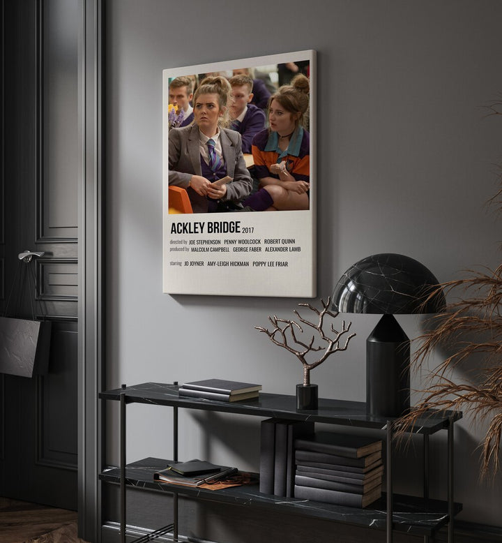 Ackley Bridge 2017 Movie Posters in Gallery Wrap hanging on wall above console table beside door and window