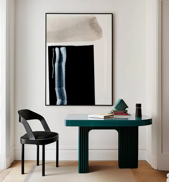 Adjacent II By Dan Hobday Abstract Art Abstract Paintings in Black Plain Frame placed on a Cream Colored Wall near a Workspace in the Drawing Room