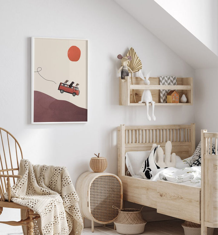 Adventure Gang by Maarten Leon Kids Room Art in White Plain Frame placed on a kids room wall beside a kids bed 