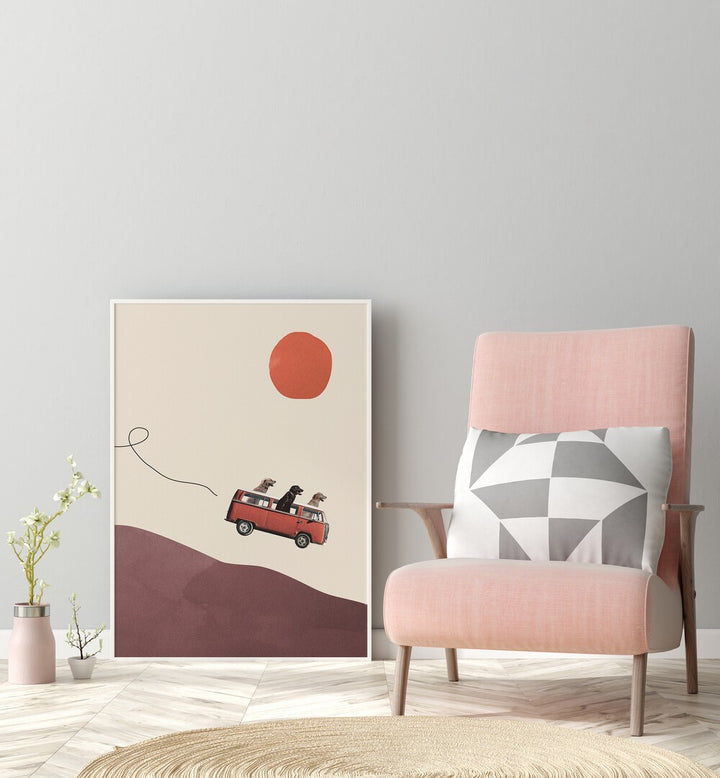 Adventure Gang by Maarten Leon Kids Room Art in White Plain Frame placed on a floor between a flower pot and a chair