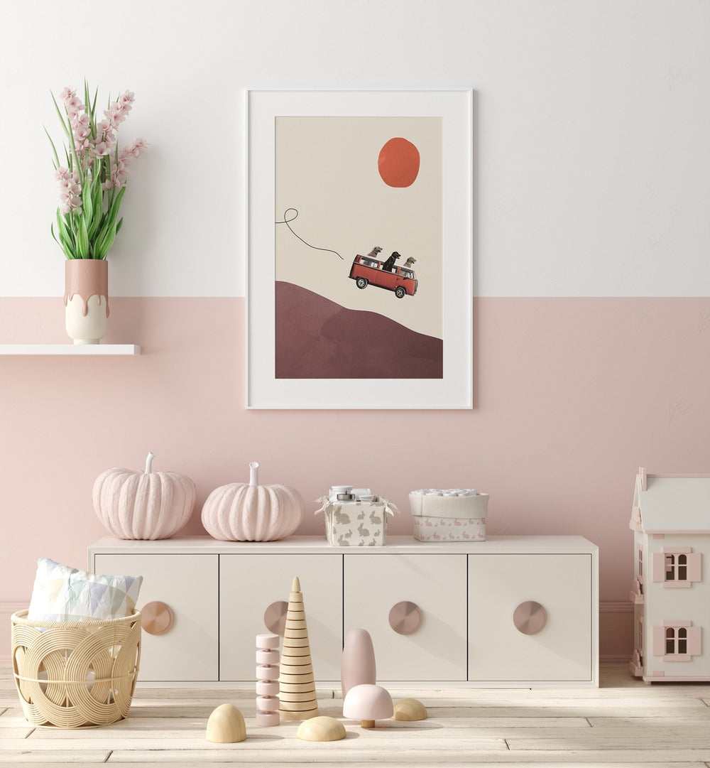 Adventure Gang by Maarten Leon Kids Room Art in White Frame With Mount placed on a wall in kids room behind a console table and beside a flower pot