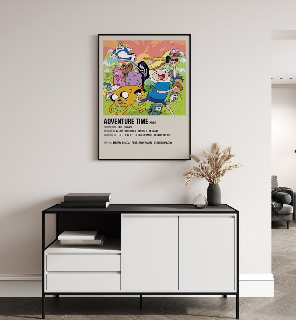 Adventure Time 2010 Movie Posters in Black Plain Frame hanging on wall above console table