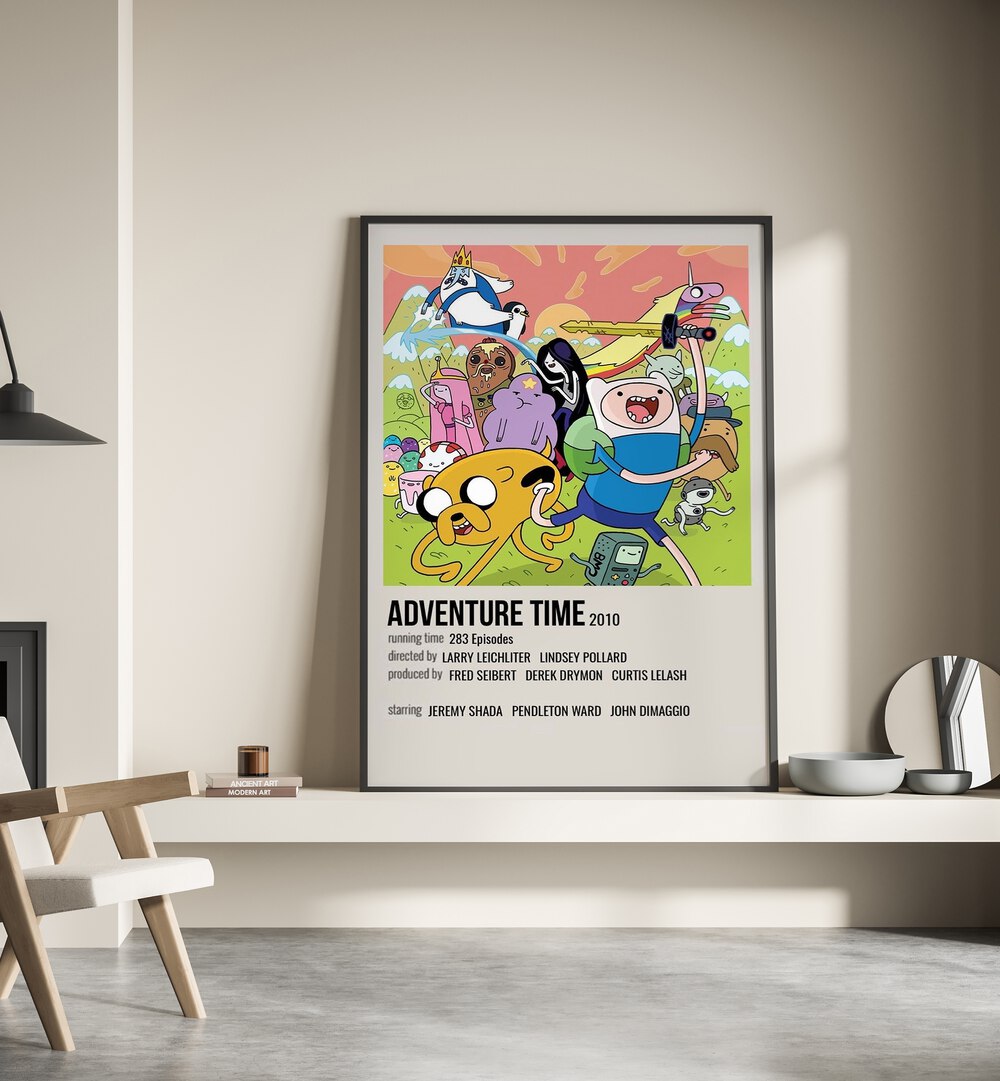 Adventure Time 2010 Movie Posters in Black Plain Frame place on a wall behind a chair beside lamp