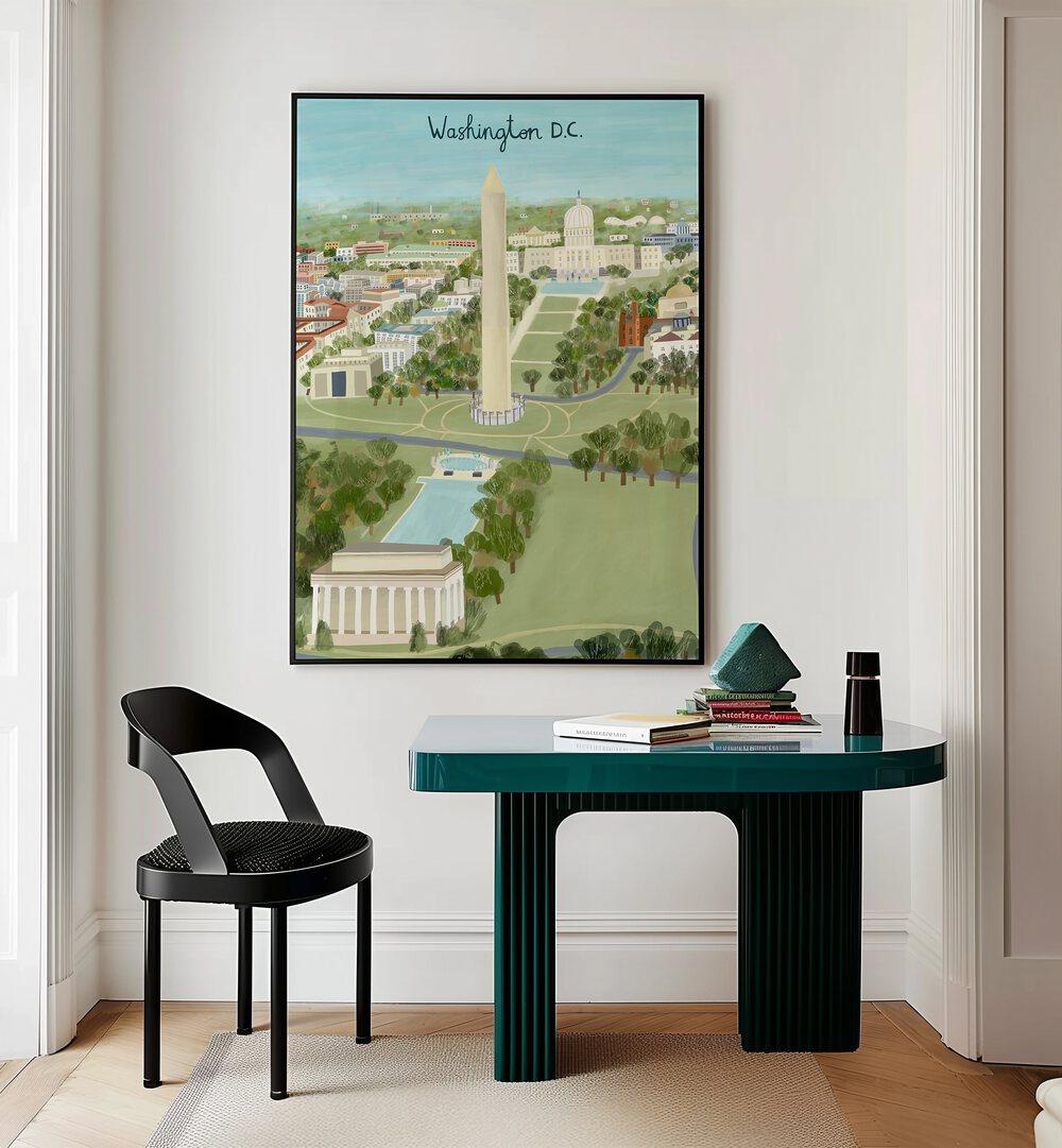 Aerial View of the Mall by Carla Daly Travel Posters in Black Plain Frame placed on the wall behind a study table