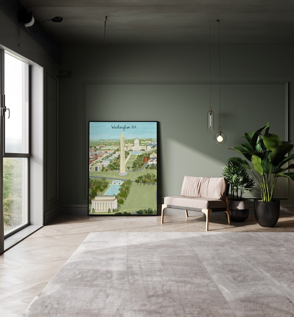 Aerial View of the Mall by Carla Daly Travel Posters in Black Plain Frame placed on the floor between a sofa and a window