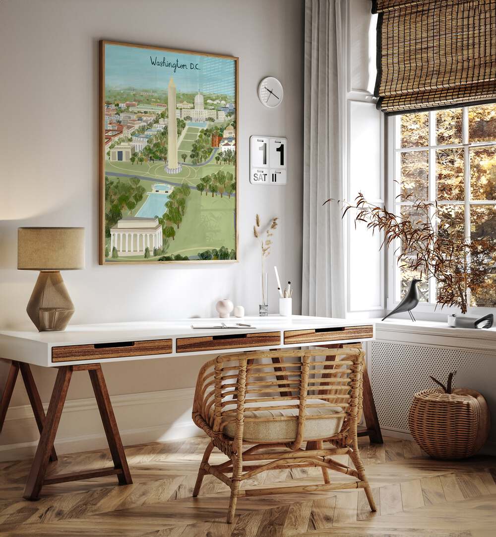 Aerial View of the Mall by Carla Daly Travel Posters in Oak Wood Plain Frame placed on the wall behind a study table and beside a window