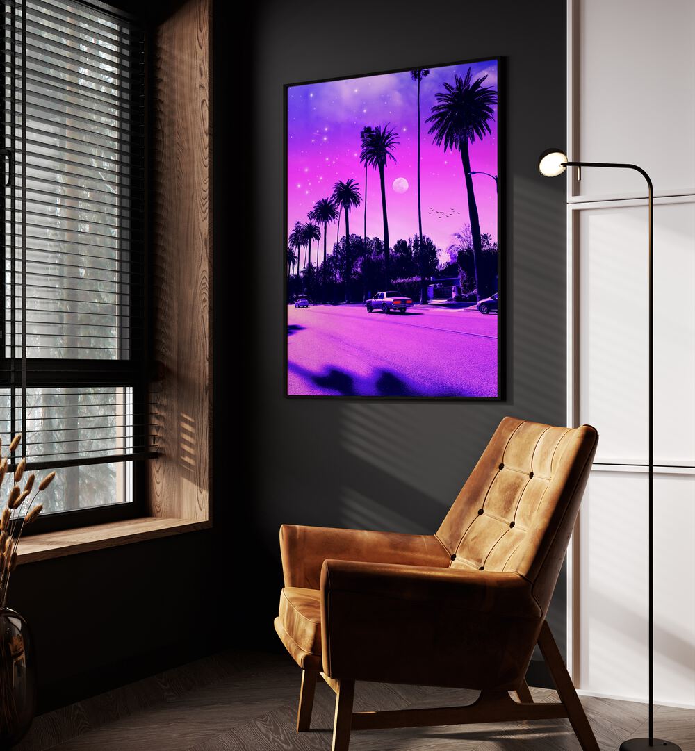 Aesthetic Cali Drive By Ritvik Takkar Surreal Art Prints in Black Plain Frame placed on a Dark Grey Colored Wall in the Drawing Room