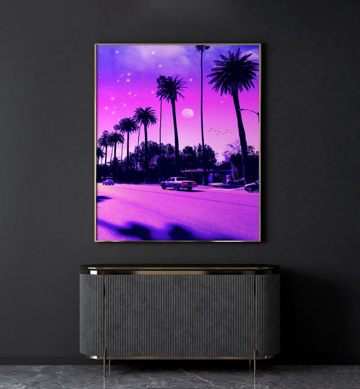 Aesthetic Cali Drive By Ritvik Takkar Surreal Art Prints in Gold Plain Frame placed on a Dark Grey Colored Wall above a Console Table in the Drawing Room