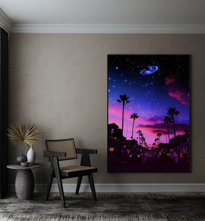 Aesthetic Night By Ritvik Takkar Surreal Art Prints in Black Plain Frame placed on a Beige Colored Wall in the Drawing Room