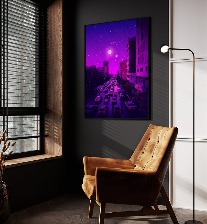 Aesthetic Tehran By Ritvik Takkar Surreal Art Prints in Black Plain Frame placed on a Dark Grey Colored Wall in the Drawing Room