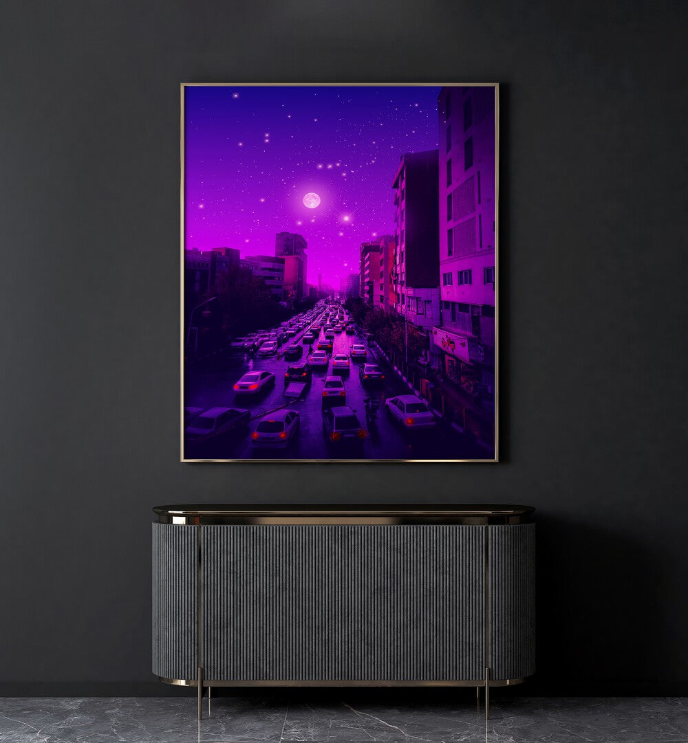 Aesthetic Tehran By Ritvik Takkar Surreal Art Prints in Gold Plain Frame placed on a Dark Grey Colored Wall above a Console Table in the Drawing Room