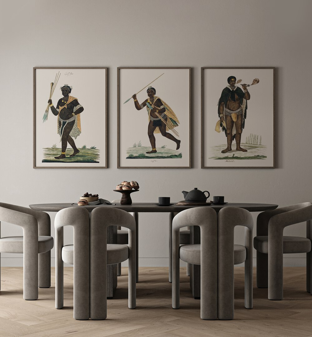 Africa Set Set Of 3 Paintings in Black Plain Frame placed on a wall behind a dining table for dining area