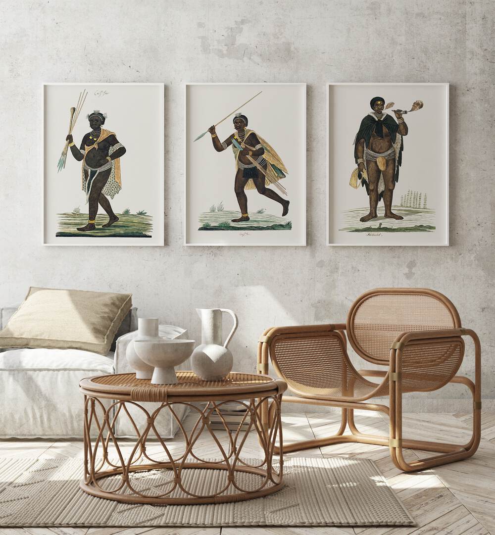 Africa Set Set Of 3 Paintings in White Plain Frame  placed on a wall behind a sofa and a chair