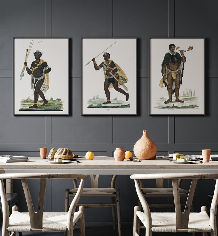 Africa Set Set Of 3 Paintings in Black Plain Frame placed on a wall behind a dining table and beside a window for dining area