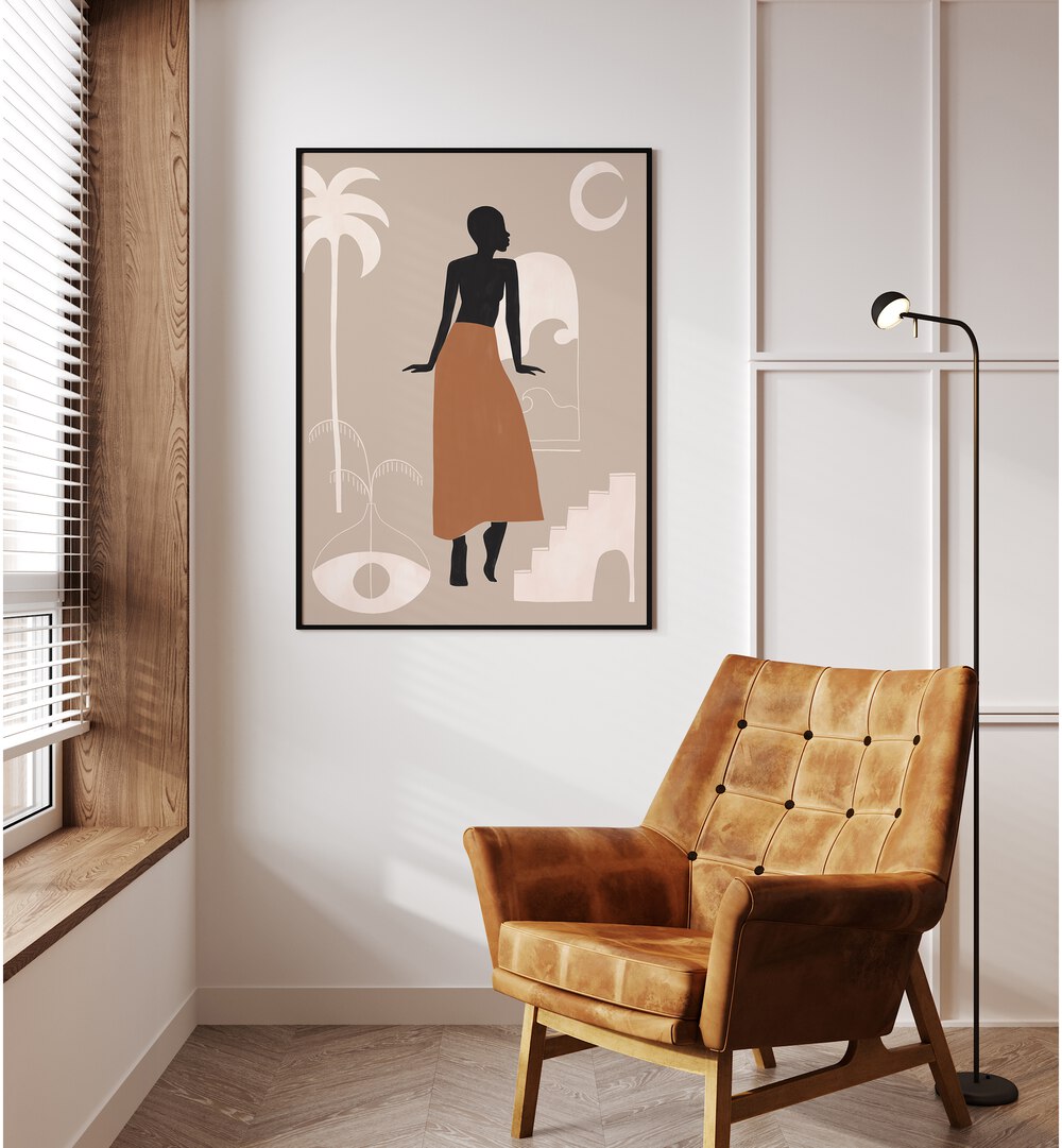 African Women By Ivy Green Women Illustration Paintings in Black Plain Frame on a white wall beside a window