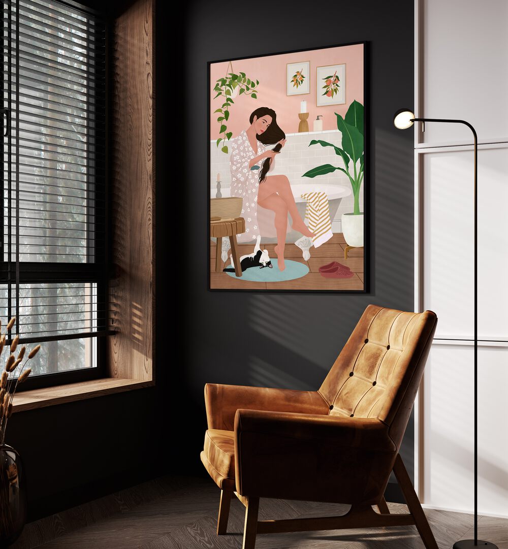 After A Bath  Women Illustrations paintings in Black Plain Frame placed on a wall beside an orange sofa