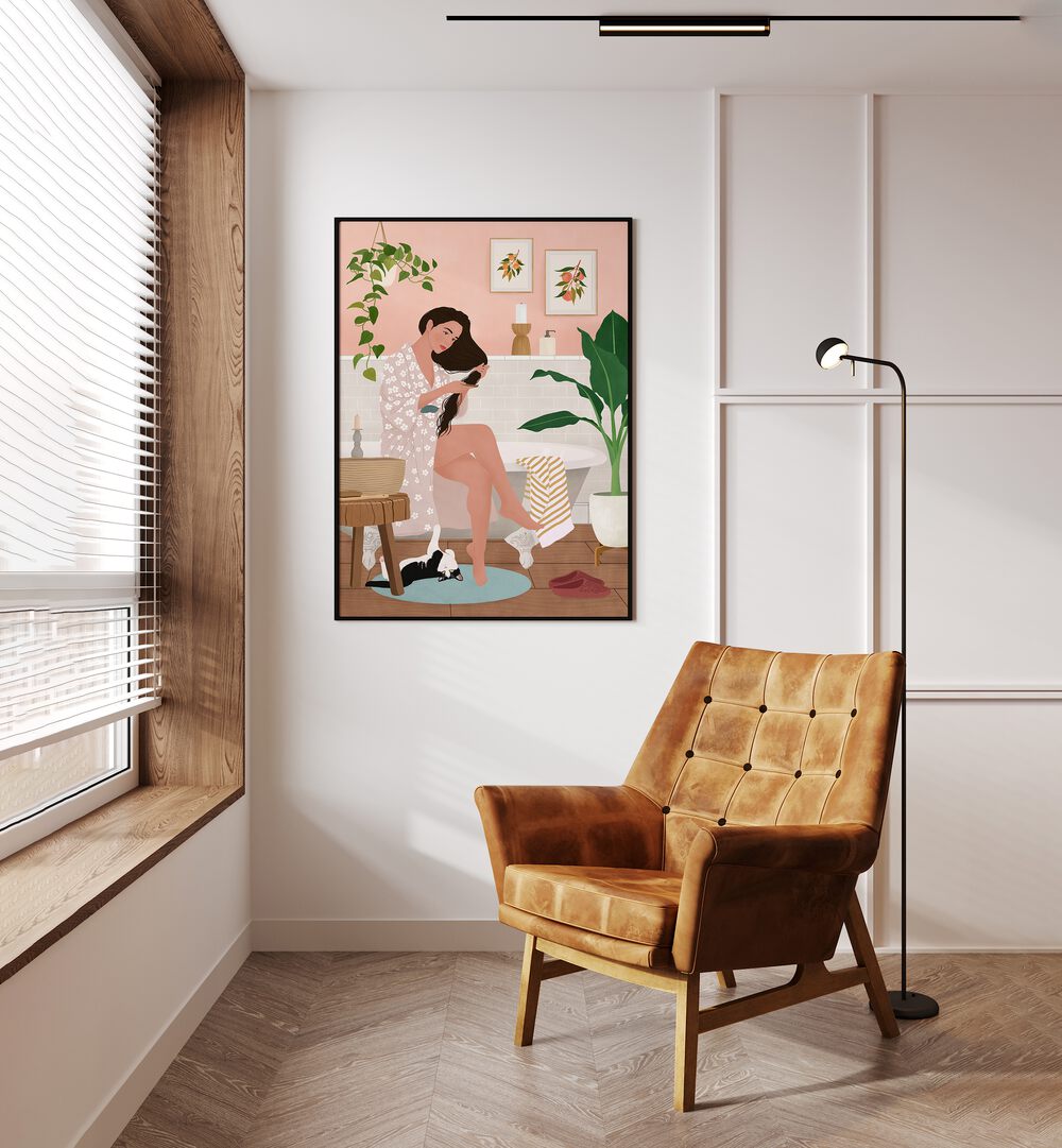 Elegant scene of "After a Bath, Portraits" by Petra Holikova, showcasing serene moments in a stylish interior.