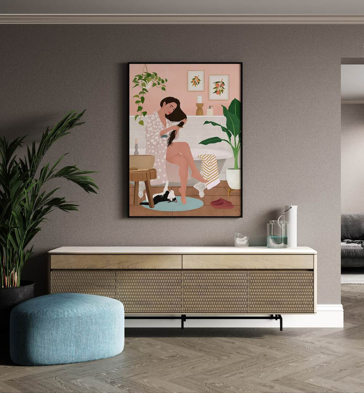 After A Bath  Women Illustrations paintings in Black Plain Frame placed on a wall behind a console table