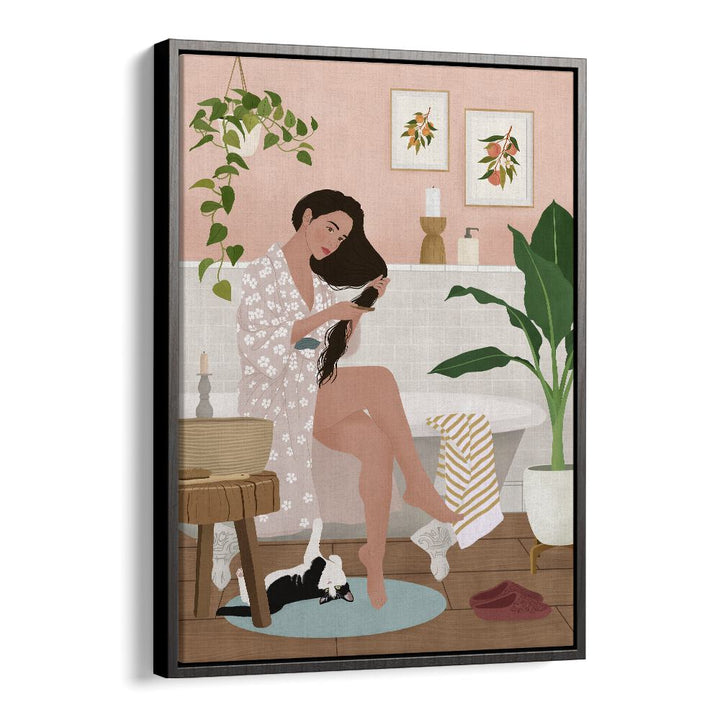 After A Bath by Petra Holikova Women Illustrations paintings in Black Floater Frame