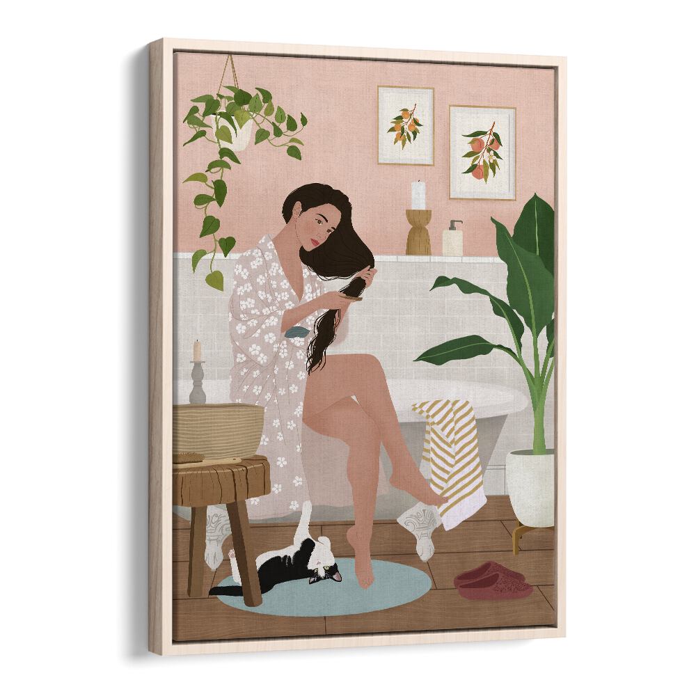 After A Bath by Petra Holikova Women Illustrations paintings in Oak Wood Floater Frame