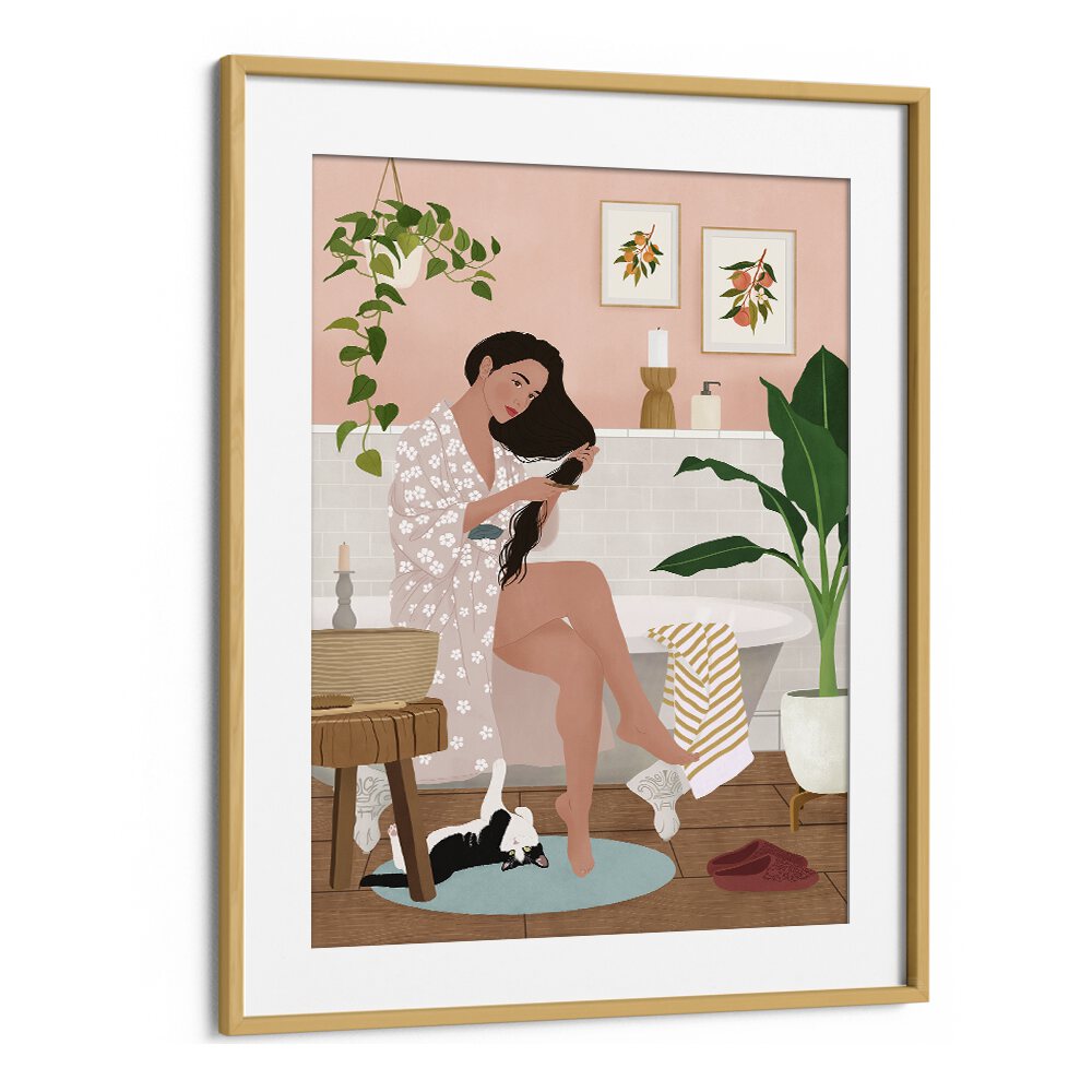 After A Bath by Petra Holikova Women Illustrations paintings in Oak Wood Frame With Mount